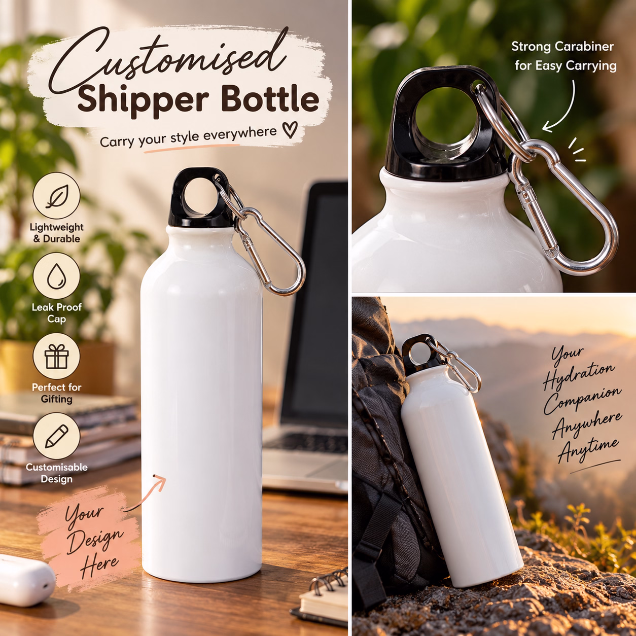 Customizable White Aluminium Sipper Bottle with Name or Design